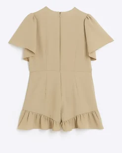Girls beige short sleeve belted playsuit