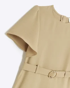 Girls beige short sleeve belted playsuit