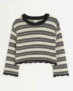 Girls beige stripe knitted crop jumper