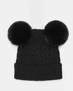 Girls Black Double Pom Pom Beanie Hat