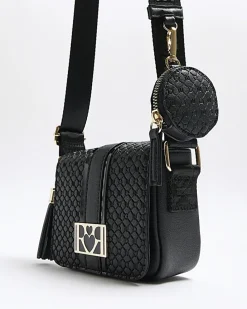 Girls black embossed monogram cross body bag