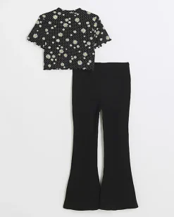 Girls black floral top and trousers set