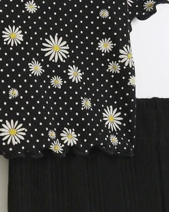 Girls black floral top and trousers set