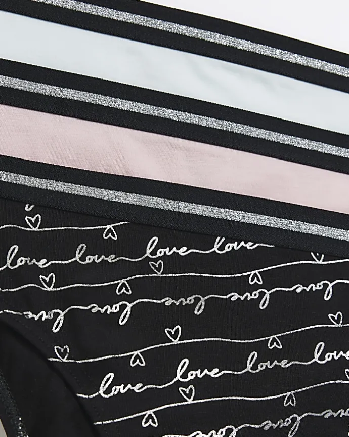 Girls black foil script briefs 6 pack