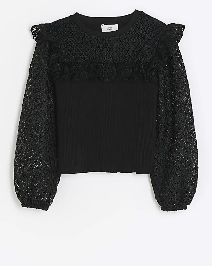 Girls black frill lace sleeve blouse