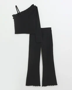 Girls black frill one shoulder top set
