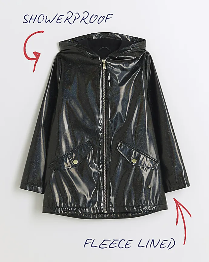 Girls black glitter hooded rain coat