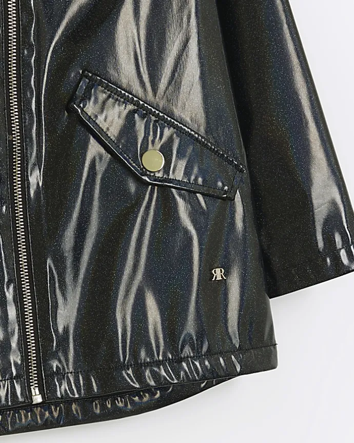 Girls black glitter hooded rain coat