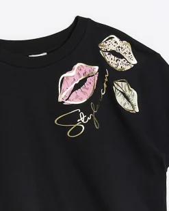 Girls black lips crop t-shirt