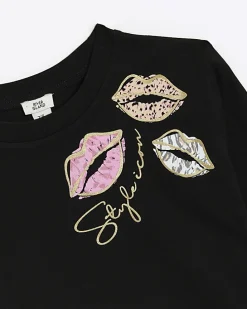 Girls black lips graphic crop t-shirt