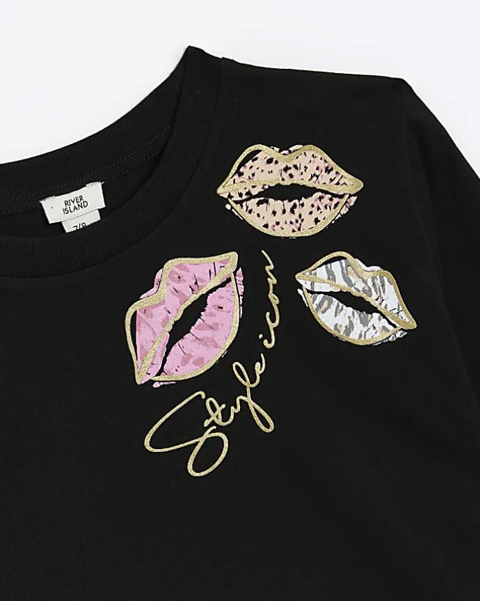 Girls black lips graphic crop t-shirt