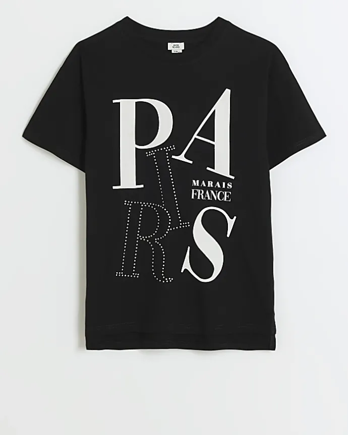 Girls black Paris graphic t-shirt