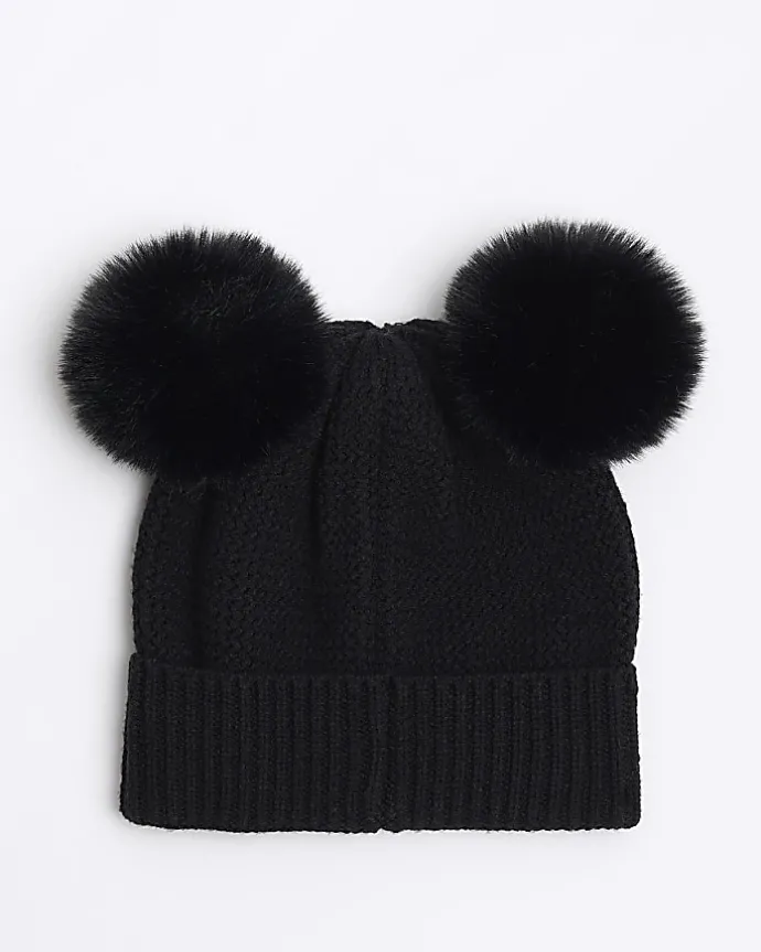 Girls black pom pom beanie hat