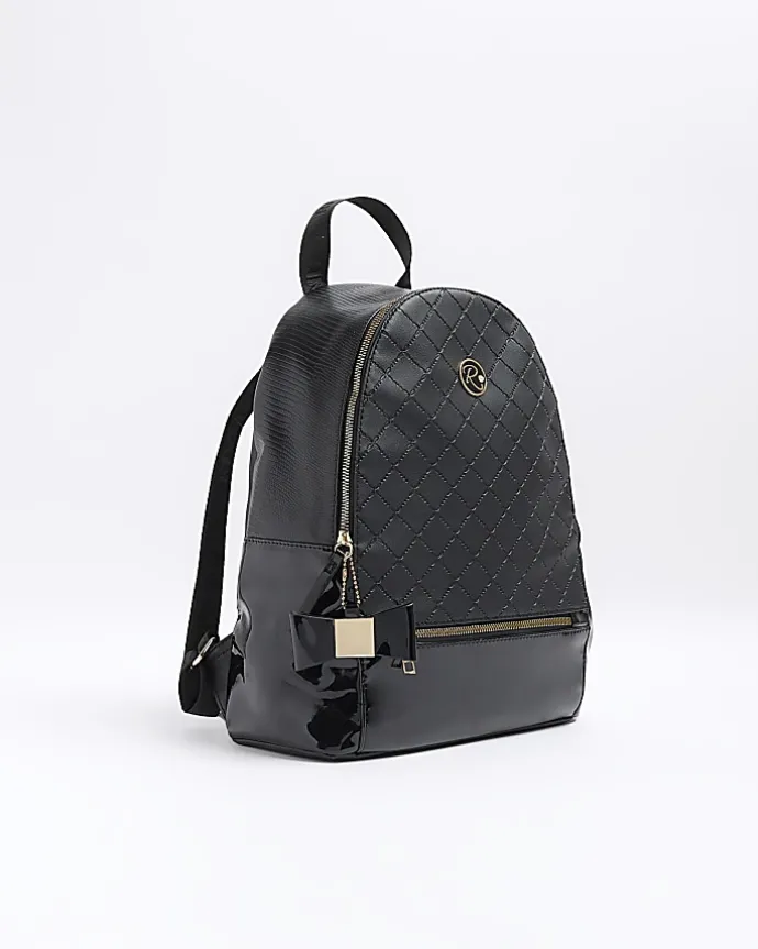 Girls black quilted bow detail backpack