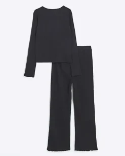 Girls black rib crossed top and leggings set