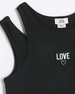 Girls black rib double strap tank top set