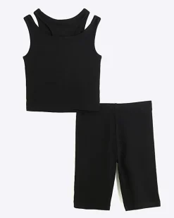 Girls black rib double strap tank top set