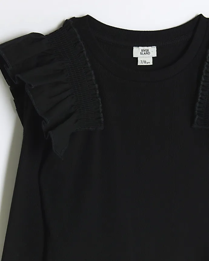 Girls black rib frill bodysuit