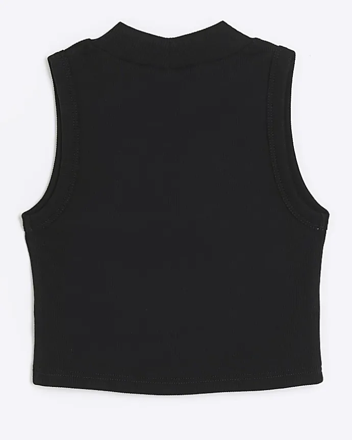 Girls black rib high neck tank top