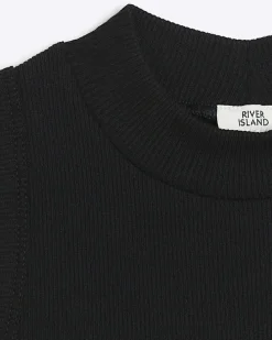 Girls black rib high neck tank top
