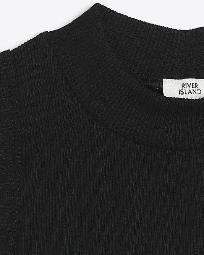 Girls black rib high neck tank top