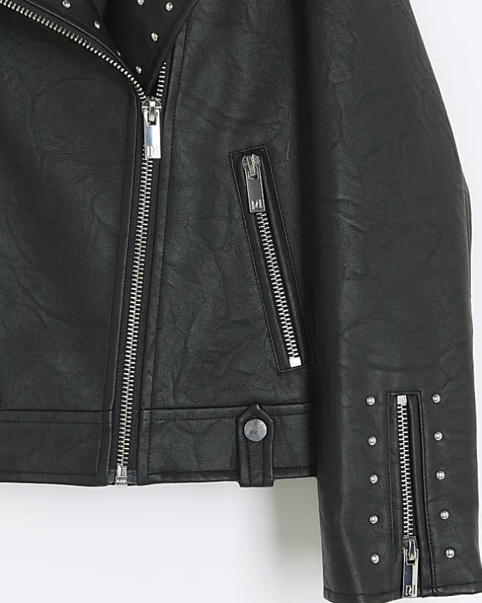 Girls black studded faux leather biker jacket