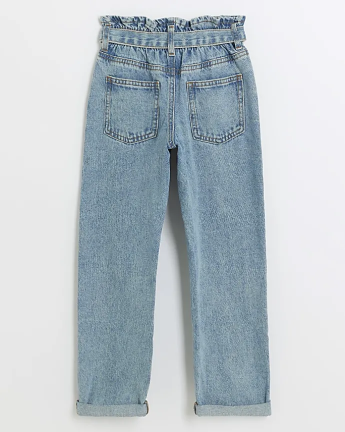 Girls blue belted paperbag jeans