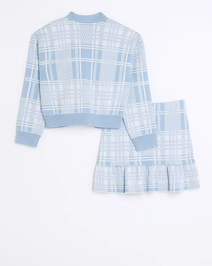 Girls blue check knit cardigan and skirt set