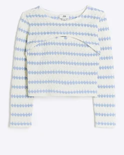 Girls blue crochet 2 in 1 long sleeve top