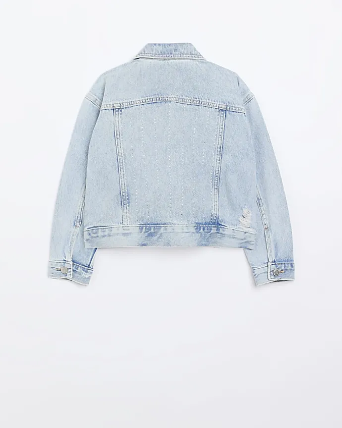 Girls blue diamante studded denim jacket