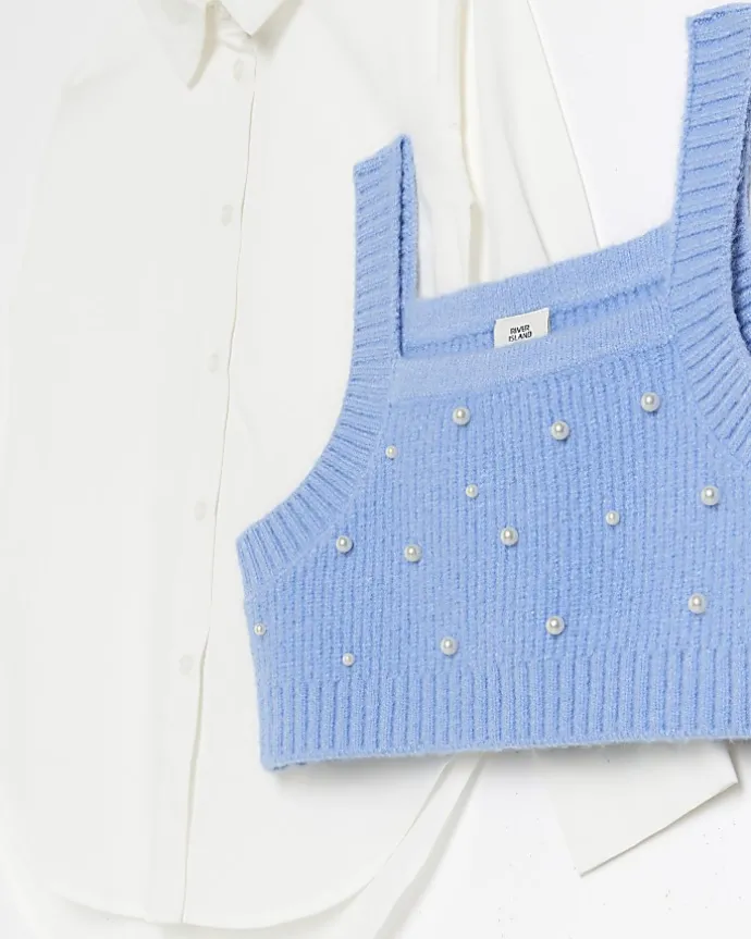 Girls Blue Embellished Knit Top and Shirt Set