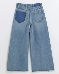 Girls blue patchwork wide leg jeans