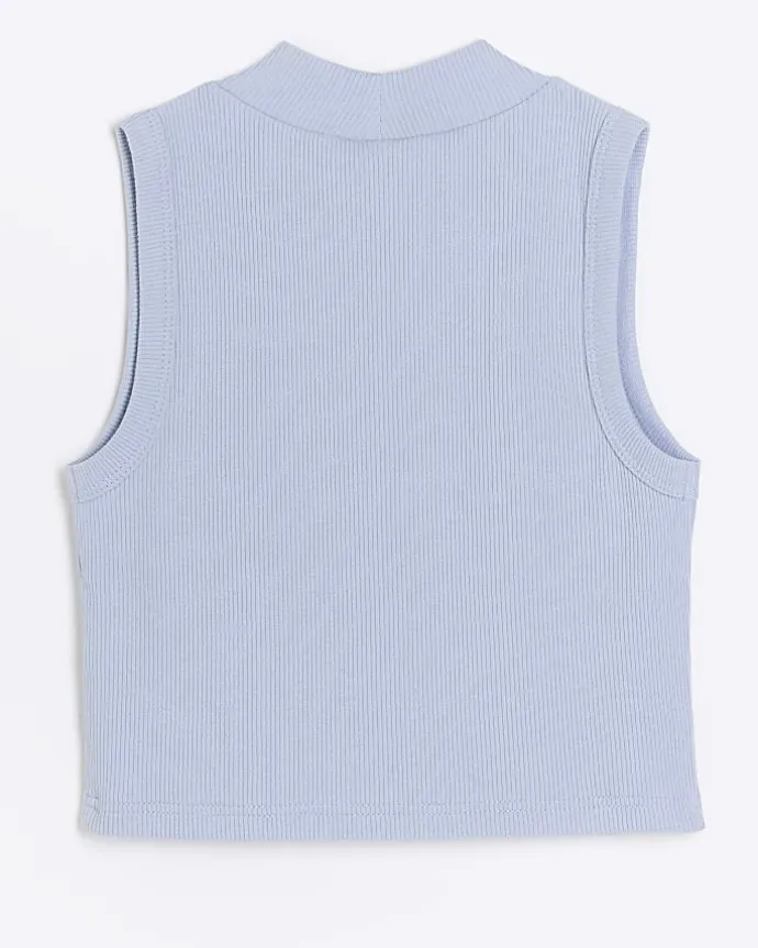 Girls blue rib high neck tank top