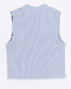 Girls blue rib high neck tank top
