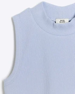 Girls blue rib high neck tank top