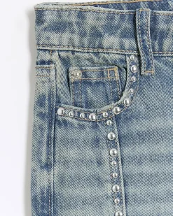 Girls blue studded straight jeans