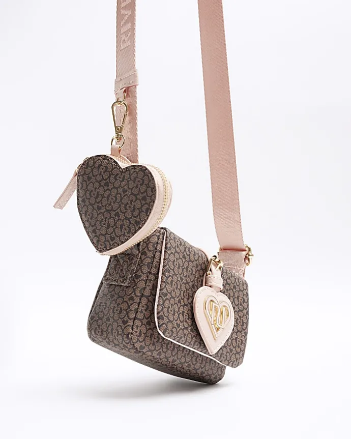 Girls brown floral monogram cross body bag