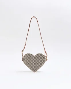 Girls brown RI monogram heart cross body bag