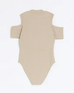 Girls brown ribbed military button bodysuit