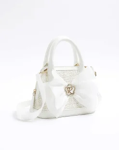 Girls cream boucle bow tote bag