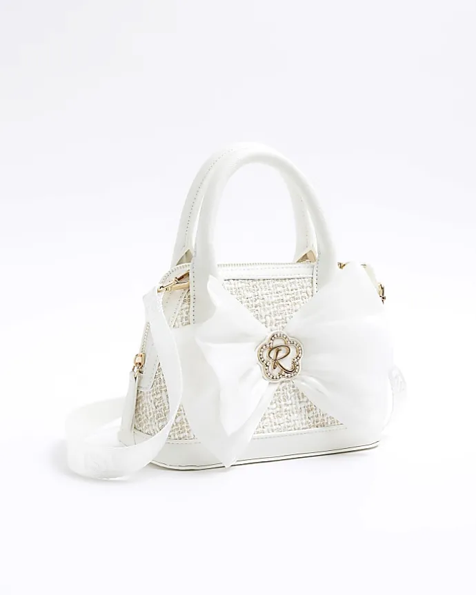 Girls cream boucle bow tote bag
