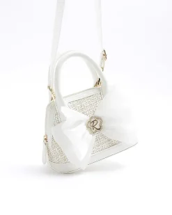 Girls cream boucle bow tote bag