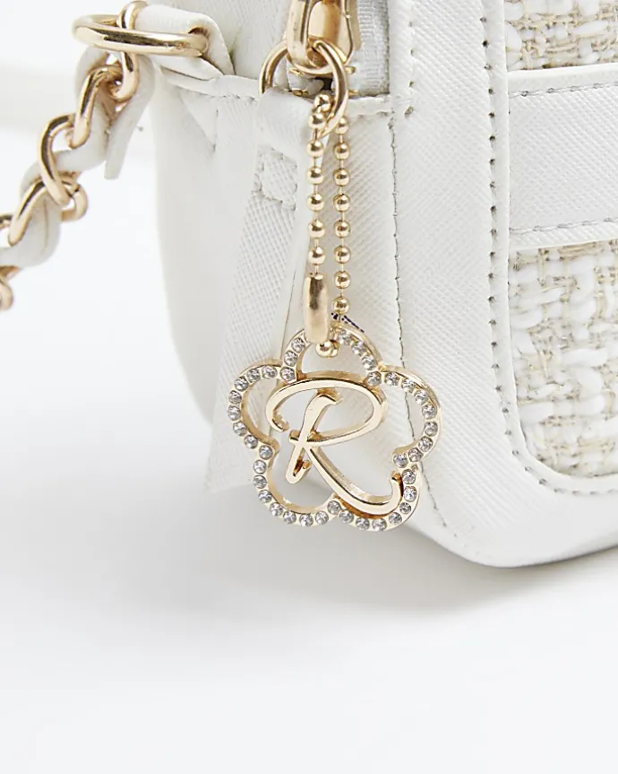 Girls cream boucle pearl cross body bag
