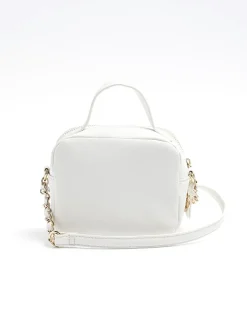 Girls cream boucle pearl cross body bag
