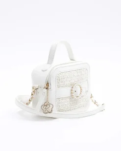 Girls cream boucle pearl cross body bag
