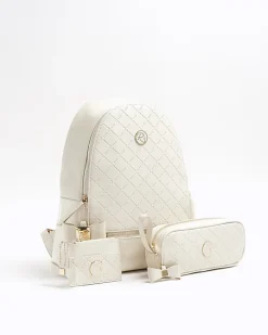 Girls cream bow quilted backpack set