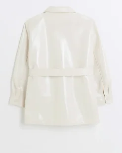 Girls cream faux leather utility shacket