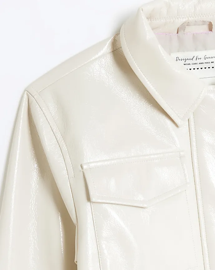 Girls cream faux leather utility shacket