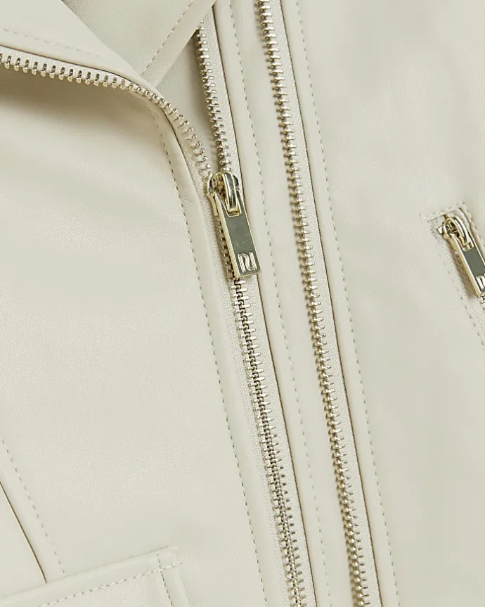 Girls Cream faux leather biker jacket