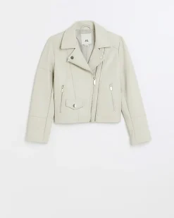 Girls Cream faux leather biker jacket